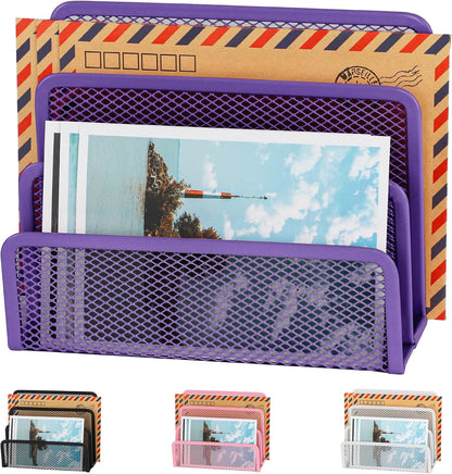 Desk Mail Organizer, Office Small Desktop Metal Mesh Envelope Letter Sorter Paper File Holder Organizer with 3 Vertical Upright Compartments, Black