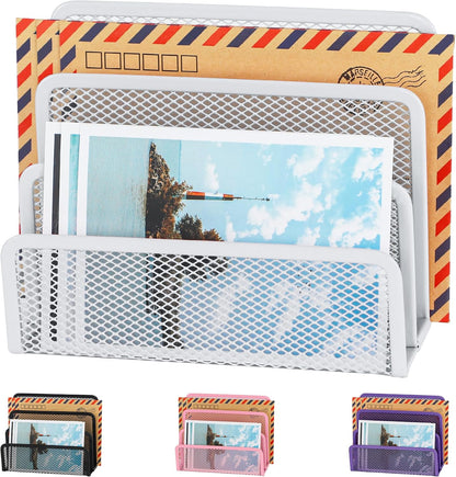 Desk Mail Organizer, Office Small Desktop Metal Mesh Envelope Letter Sorter Paper File Holder Organizer with 3 Vertical Upright Compartments, Black