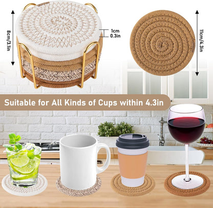 OIAHOMY Coasters with Holder for Beer, Coffee, Woven Cotton Coaster Set for Table Decor for Kitchen, Bar, Dining Room, Living Room, Housewarming Gifts - Yellow
