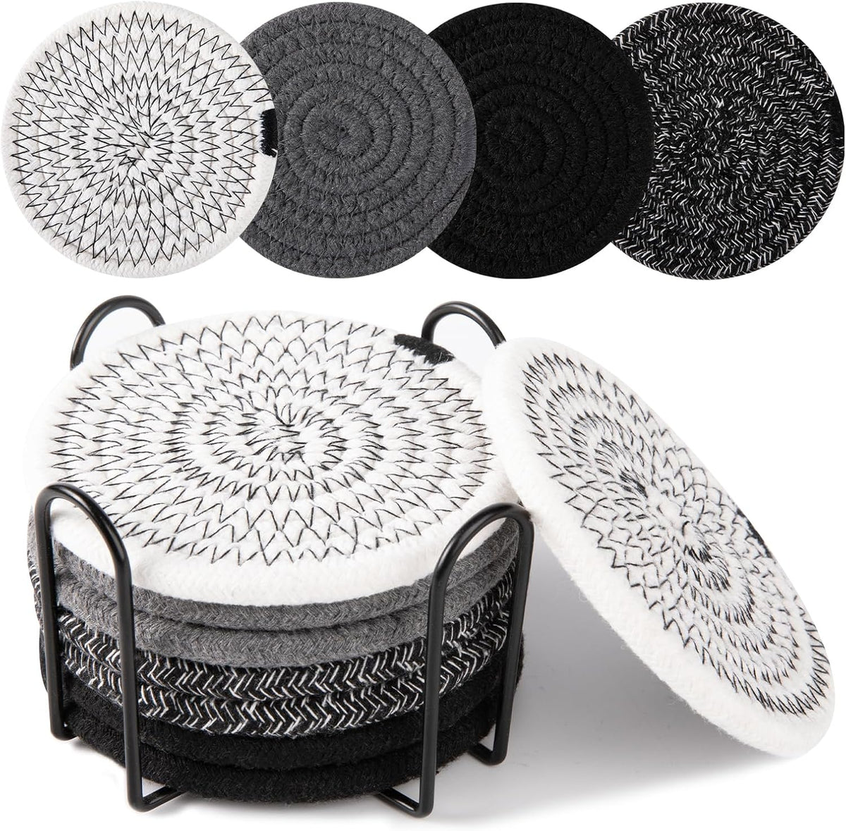 OIAHOMY Coasters with Holder for Beer, Coffee, Woven Cotton Coaster Set for Table Decor for Kitchen, Bar, Dining Room, Living Room, Housewarming Gifts - Yellow