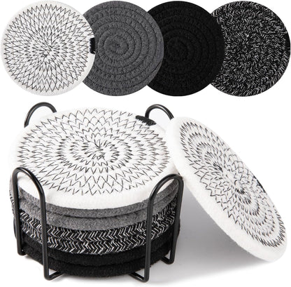 OIAHOMY Coasters with Holder for Beer, Coffee, Woven Cotton Coaster Set for Table Decor for Kitchen, Bar, Dining Room, Living Room, Housewarming Gifts - Yellow