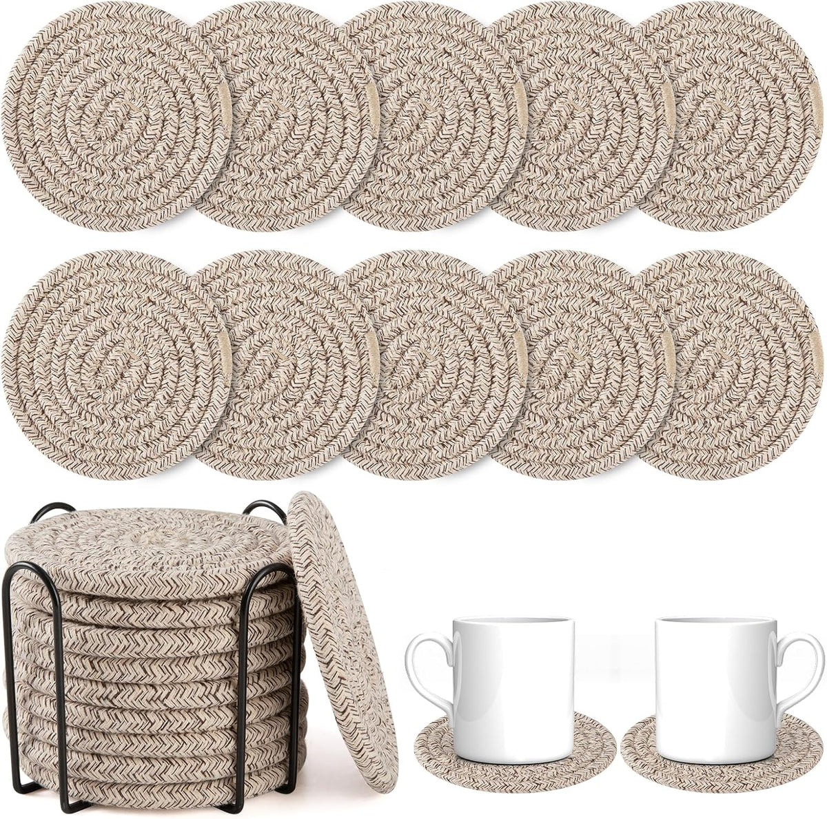 OIAHOMY Coasters with Holder for Beer, Coffee, Woven Cotton Coaster Set for Table Decor for Kitchen, Bar, Dining Room, Living Room, Housewarming Gifts - Yellow