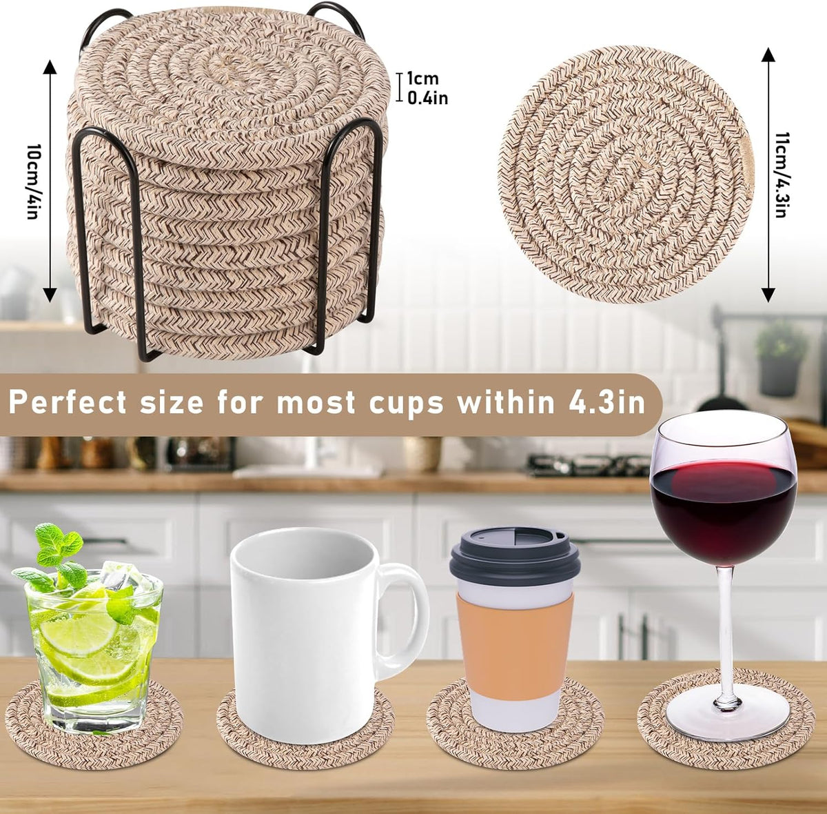 OIAHOMY Coasters with Holder for Beer, Coffee, Woven Cotton Coaster Set for Table Decor for Kitchen, Bar, Dining Room, Living Room, Housewarming Gifts - Yellow