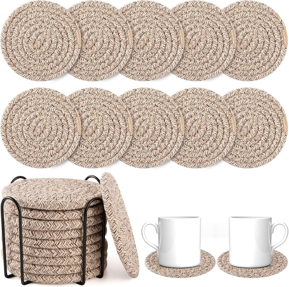 OIAHOMY Coasters with Holder for Beer, Coffee, Woven Cotton Coaster Set for Table Decor for Kitchen, Bar, Dining Room, Living Room, Housewarming Gifts - Yellow