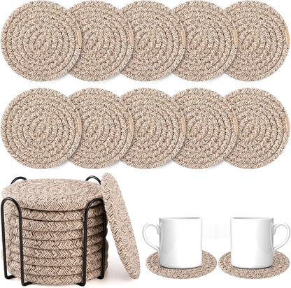 OIAHOMY Coasters with Holder for Beer, Coffee, Woven Cotton Coaster Set for Table Decor for Kitchen, Bar, Dining Room, Living Room, Housewarming Gifts - Yellow