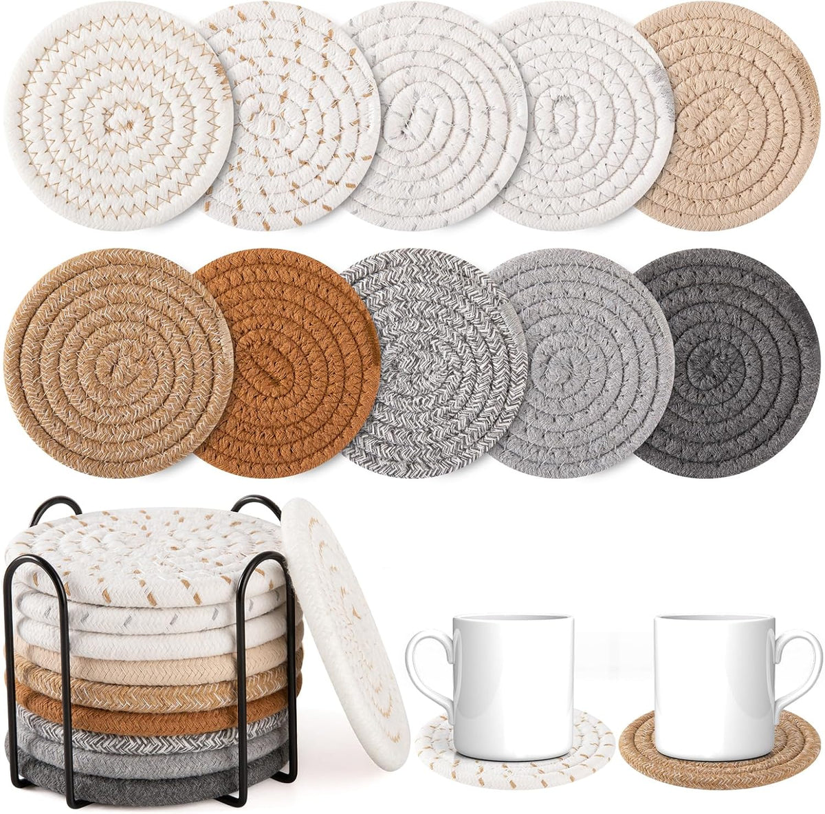 OIAHOMY Coasters with Holder for Beer, Coffee, Woven Cotton Coaster Set for Table Decor for Kitchen, Bar, Dining Room, Living Room, Housewarming Gifts - Yellow