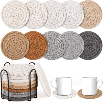 OIAHOMY Coasters with Holder for Beer, Coffee, Woven Cotton Coaster Set for Table Decor for Kitchen, Bar, Dining Room, Living Room, Housewarming Gifts - Yellow