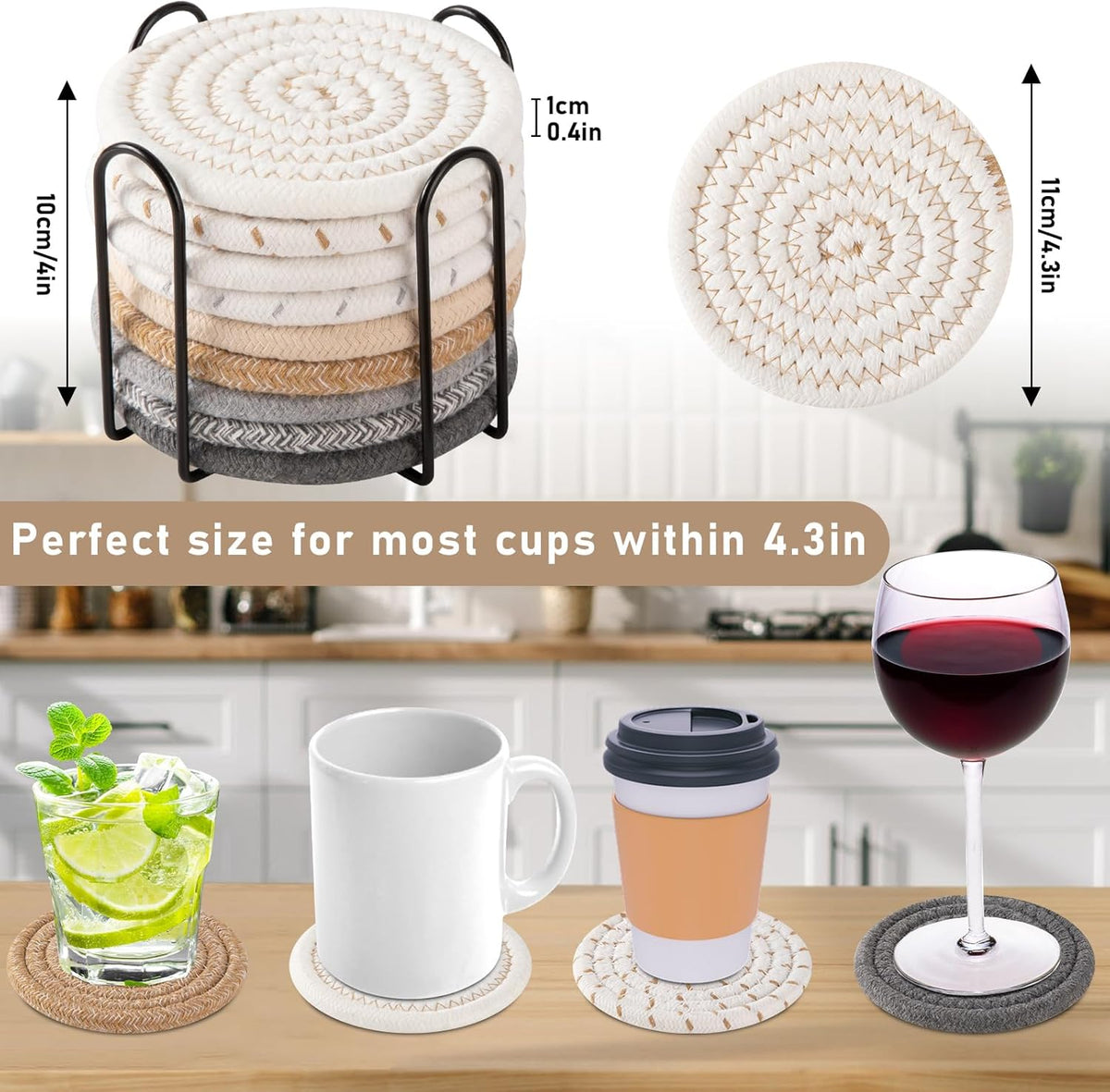 OIAHOMY Coasters with Holder for Beer, Coffee, Woven Cotton Coaster Set for Table Decor for Kitchen, Bar, Dining Room, Living Room, Housewarming Gifts - Yellow
