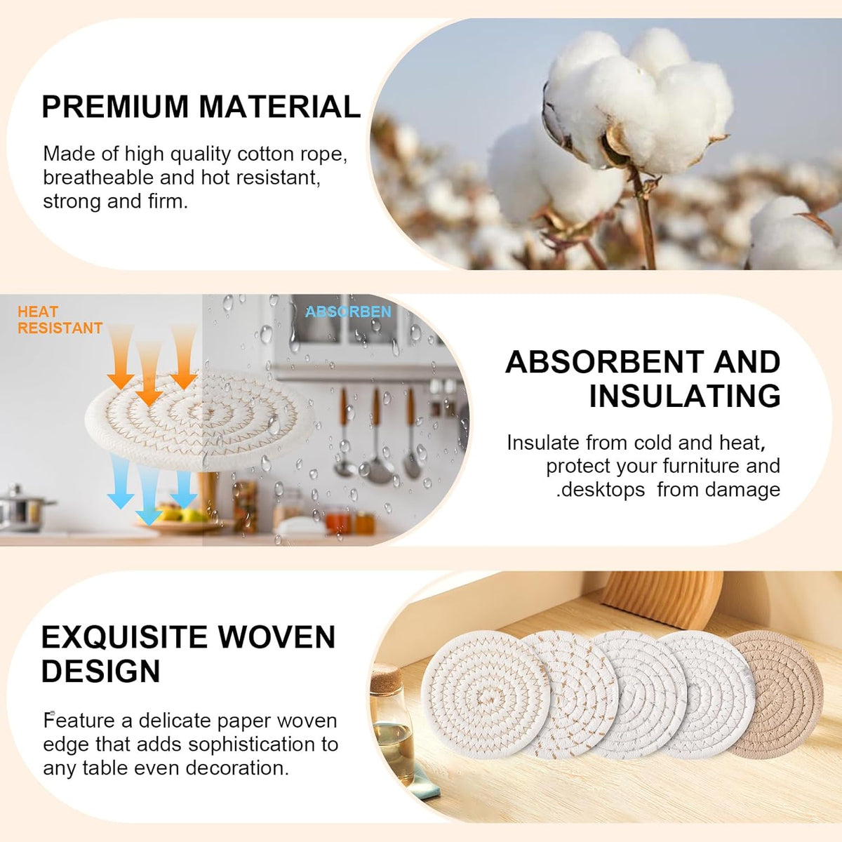 OIAHOMY Coasters with Holder for Beer, Coffee, Woven Cotton Coaster Set for Table Decor for Kitchen, Bar, Dining Room, Living Room, Housewarming Gifts - Yellow