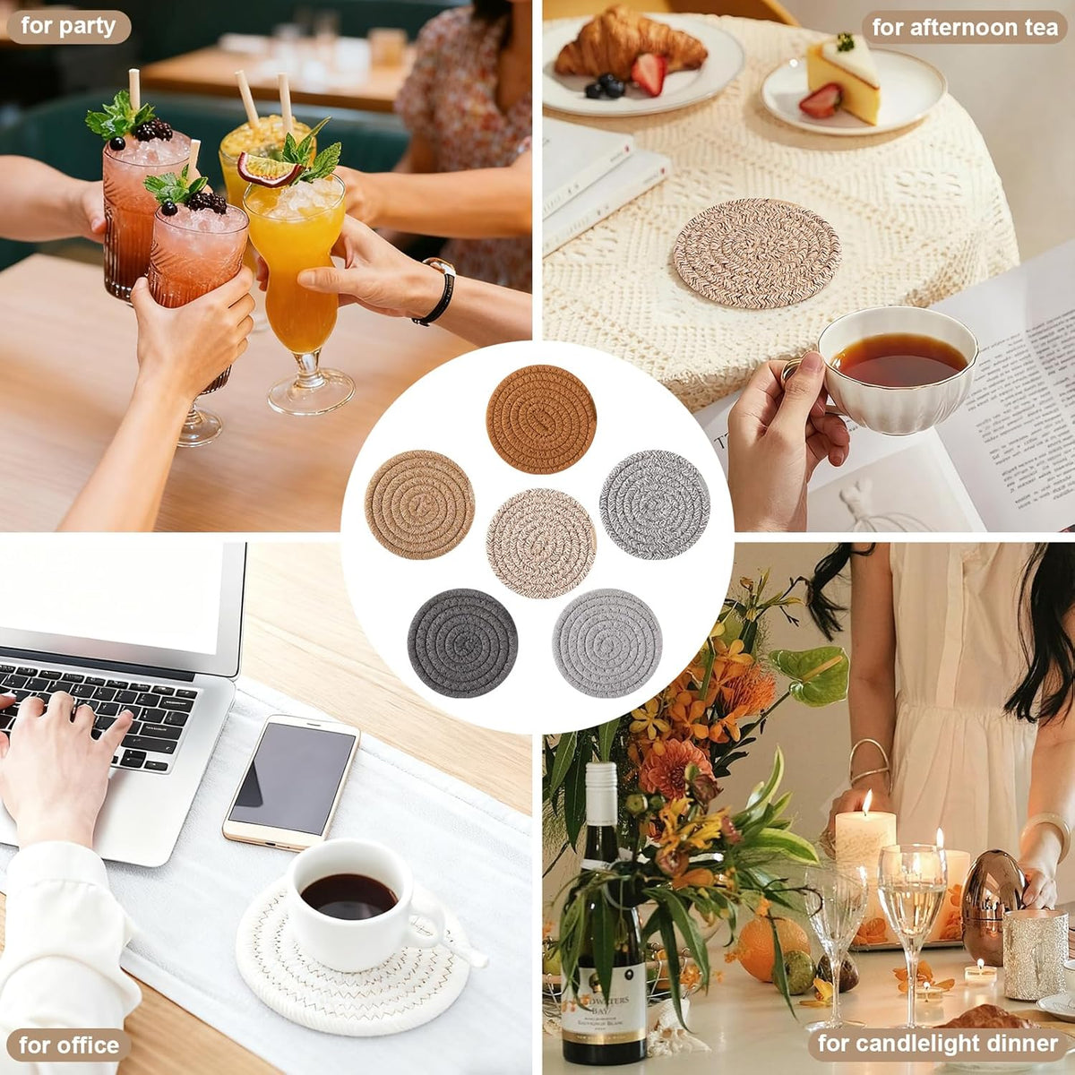 OIAHOMY Coasters with Holder for Beer, Coffee, Woven Cotton Coaster Set for Table Decor for Kitchen, Bar, Dining Room, Living Room, Housewarming Gifts - Yellow