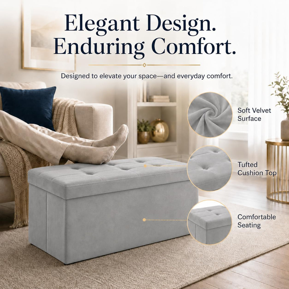 Storage Ottoman Footrest Stool Small Ottoman with Storage Foldable Ottomans Foot Rest Footstool Bench for Living Room 17x13x13inches Grey