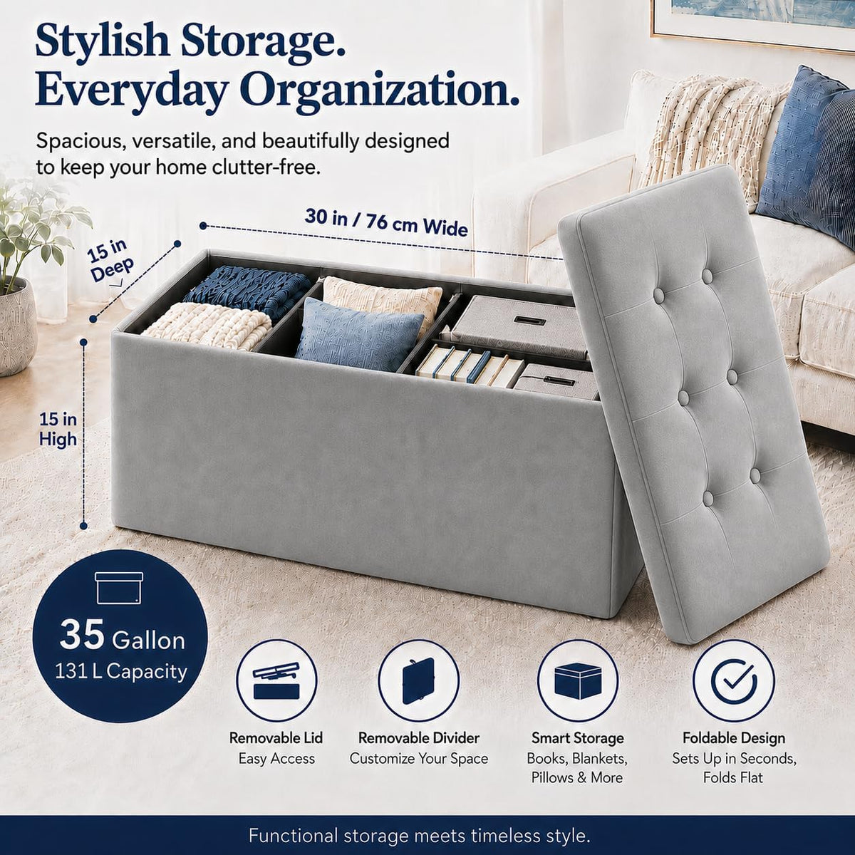 Storage Ottoman Footrest Stool Small Ottoman with Storage Foldable Ottomans Foot Rest Footstool Bench for Living Room 17x13x13inches Grey