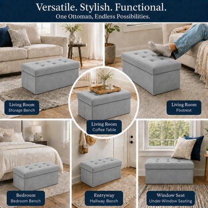 Storage Ottoman Footrest Stool Small Ottoman with Storage Foldable Ottomans Foot Rest Footstool Bench for Living Room 17x13x13inches Grey