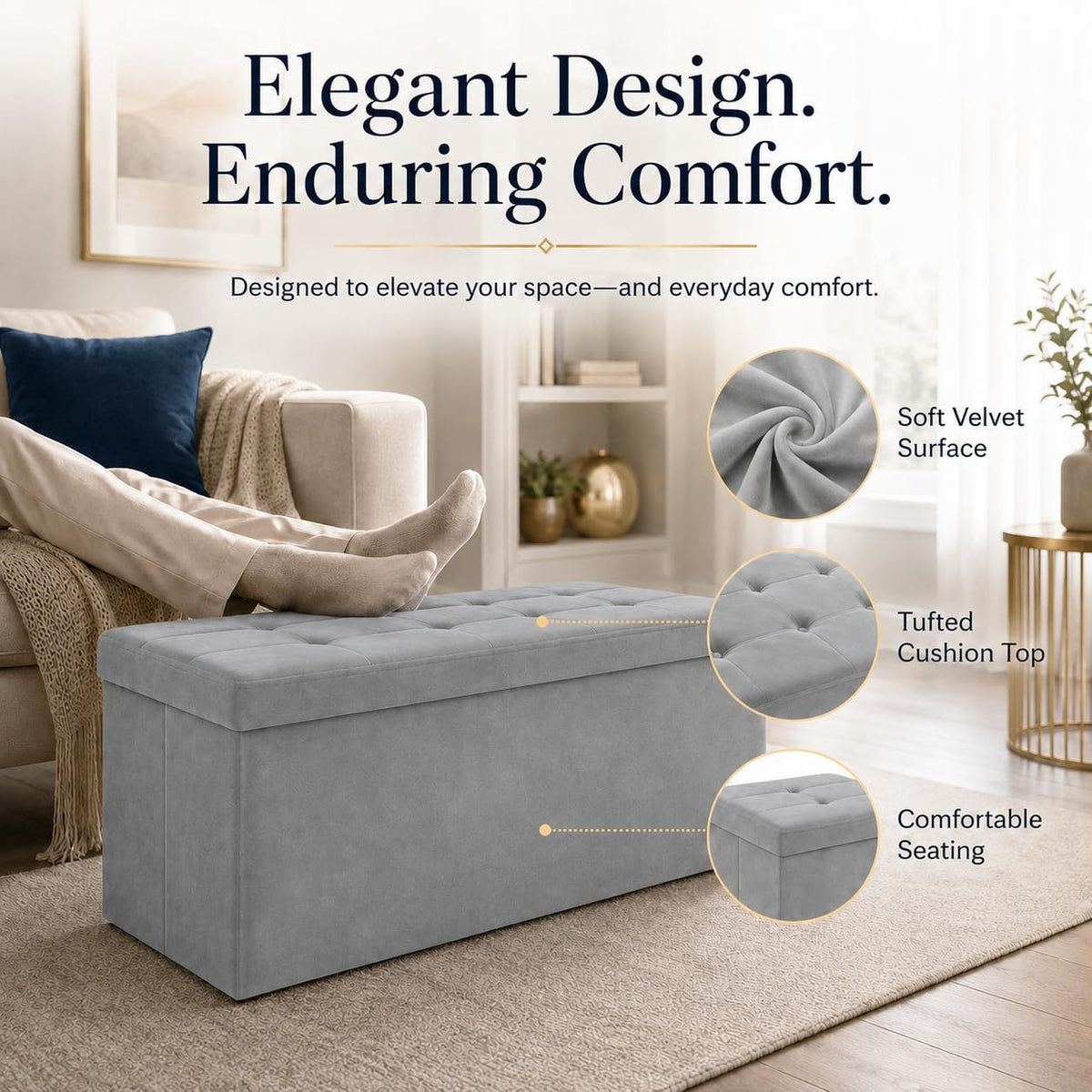 Storage Ottoman Footrest Stool Small Ottoman with Storage Foldable Ottomans Foot Rest Footstool Bench for Living Room 17x13x13inches Grey