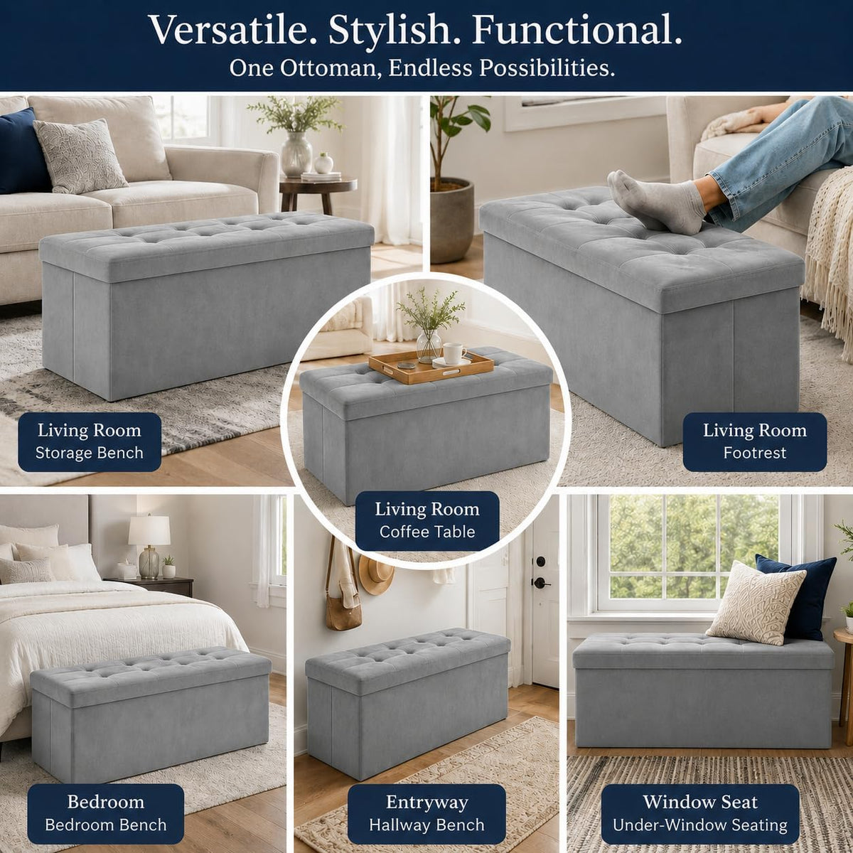 Storage Ottoman Footrest Stool Small Ottoman with Storage Foldable Ottomans Foot Rest Footstool Bench for Living Room 17x13x13inches Grey