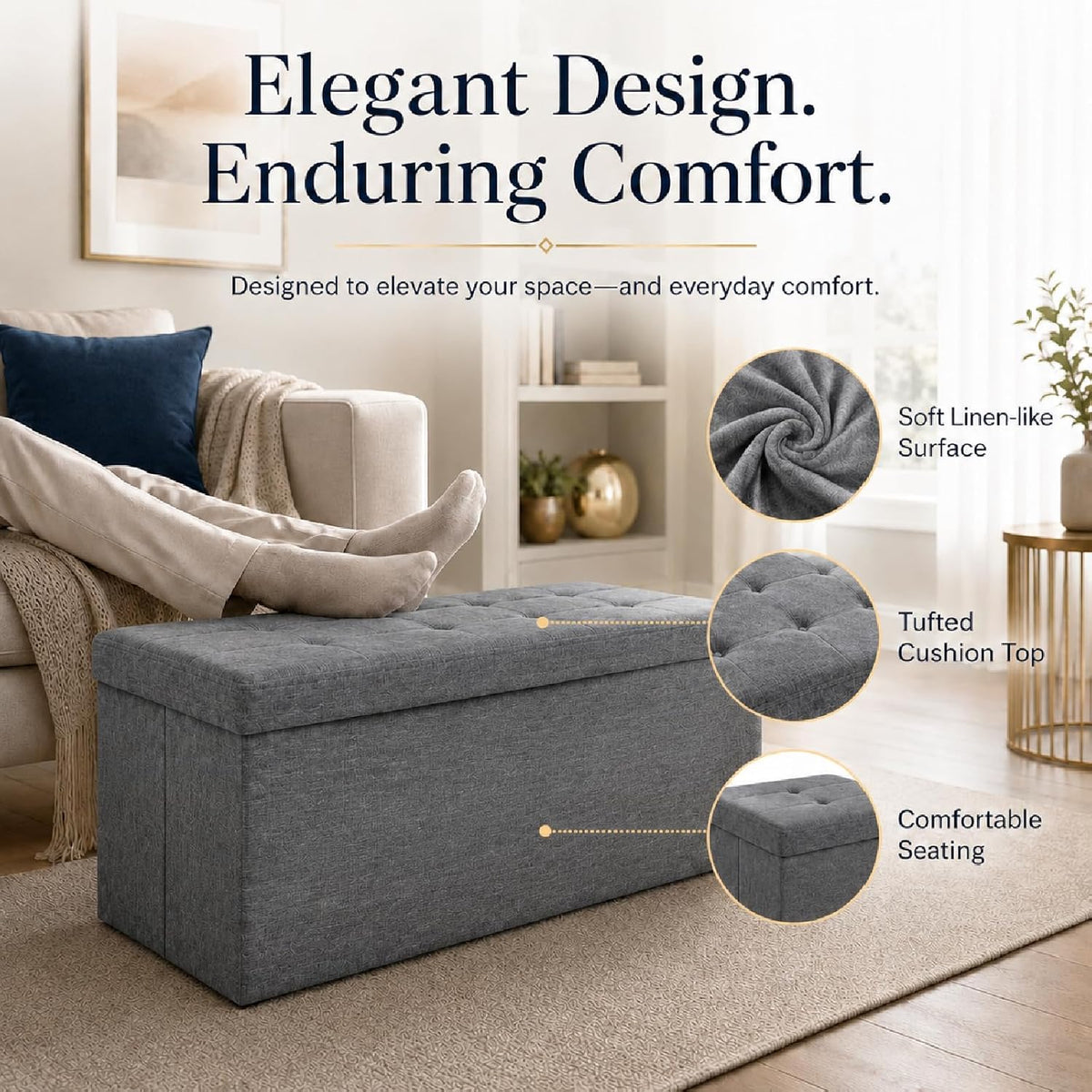 Storage Ottoman Footrest Stool Small Ottoman with Storage Foldable Ottomans Foot Rest Footstool Bench for Living Room 17x13x13inches Grey