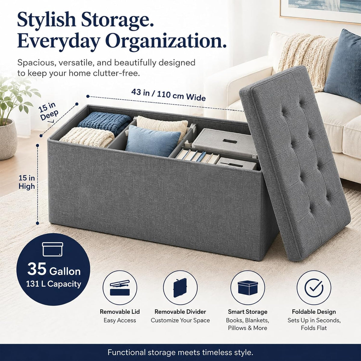 Storage Ottoman Footrest Stool Small Ottoman with Storage Foldable Ottomans Foot Rest Footstool Bench for Living Room 17x13x13inches Grey