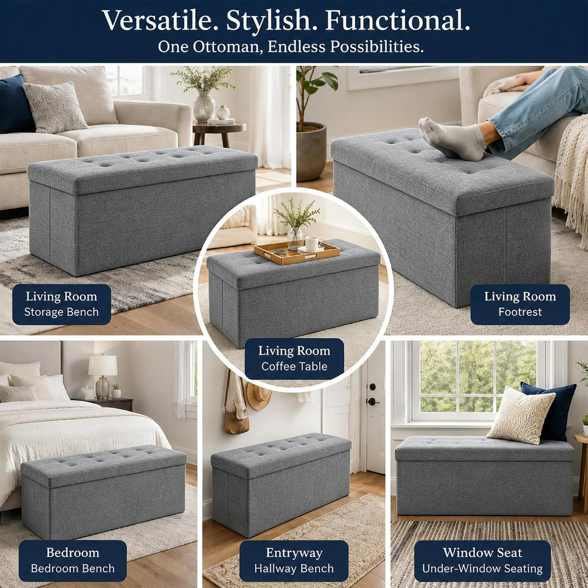Storage Ottoman Footrest Stool Small Ottoman with Storage Foldable Ottomans Foot Rest Footstool Bench for Living Room 17x13x13inches Grey