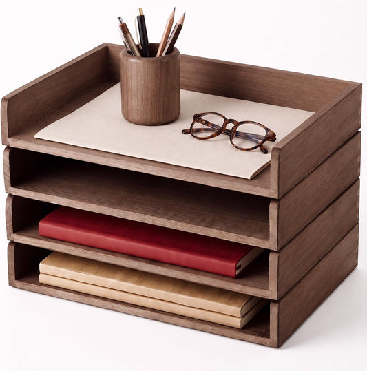 4 Pcs Stackable Organizer Tray Wood Desk Organizer, Dark Wood Color