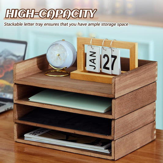 4 Pcs Stackable Organizer Tray Wood Desk Organizer, Dark Wood Color