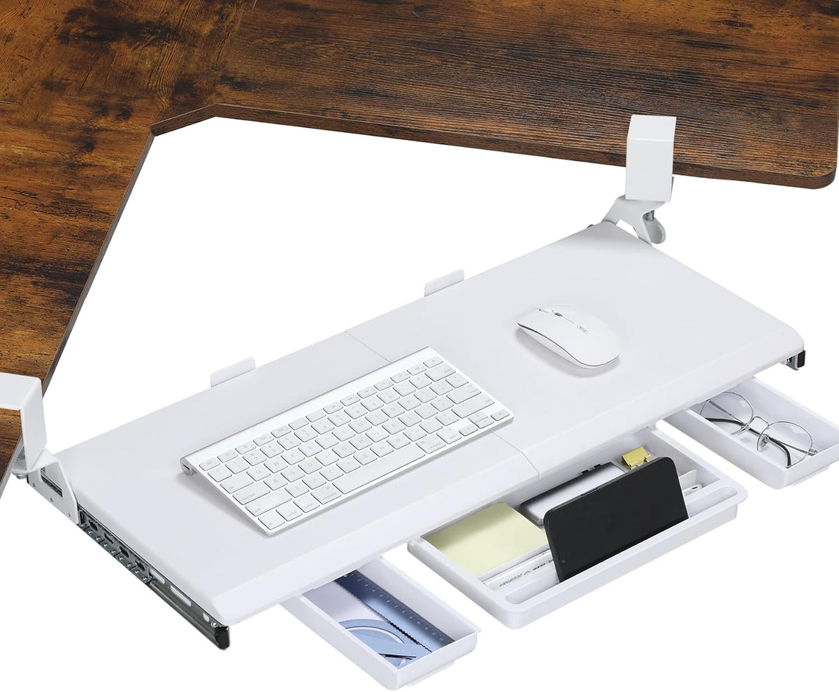 Corner Keyboard Tray Under Desk with Metal Rail, 26.8x11.8", White