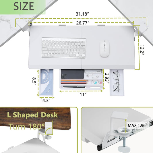 Corner Keyboard Tray Under Desk with Metal Rail, 26.8x11.8", White