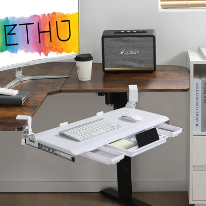 Corner Keyboard Tray Under Desk with Metal Rail, 26.8x11.8", White
