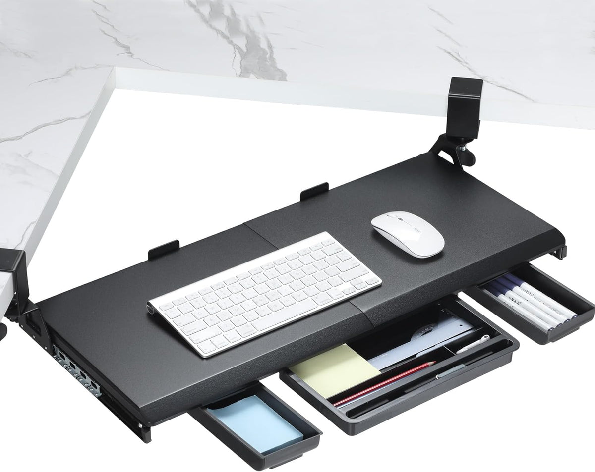 Corner Keyboard Tray Under Desk with Metal Rail, 26.8x11.8", White