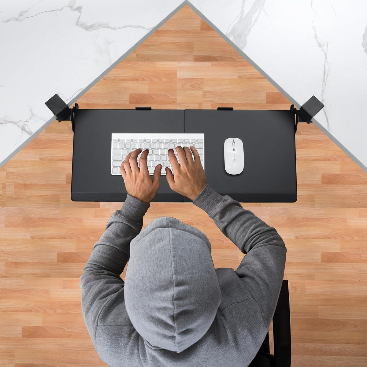 Corner Keyboard Tray Under Desk with Metal Rail, 26.8x11.8", White