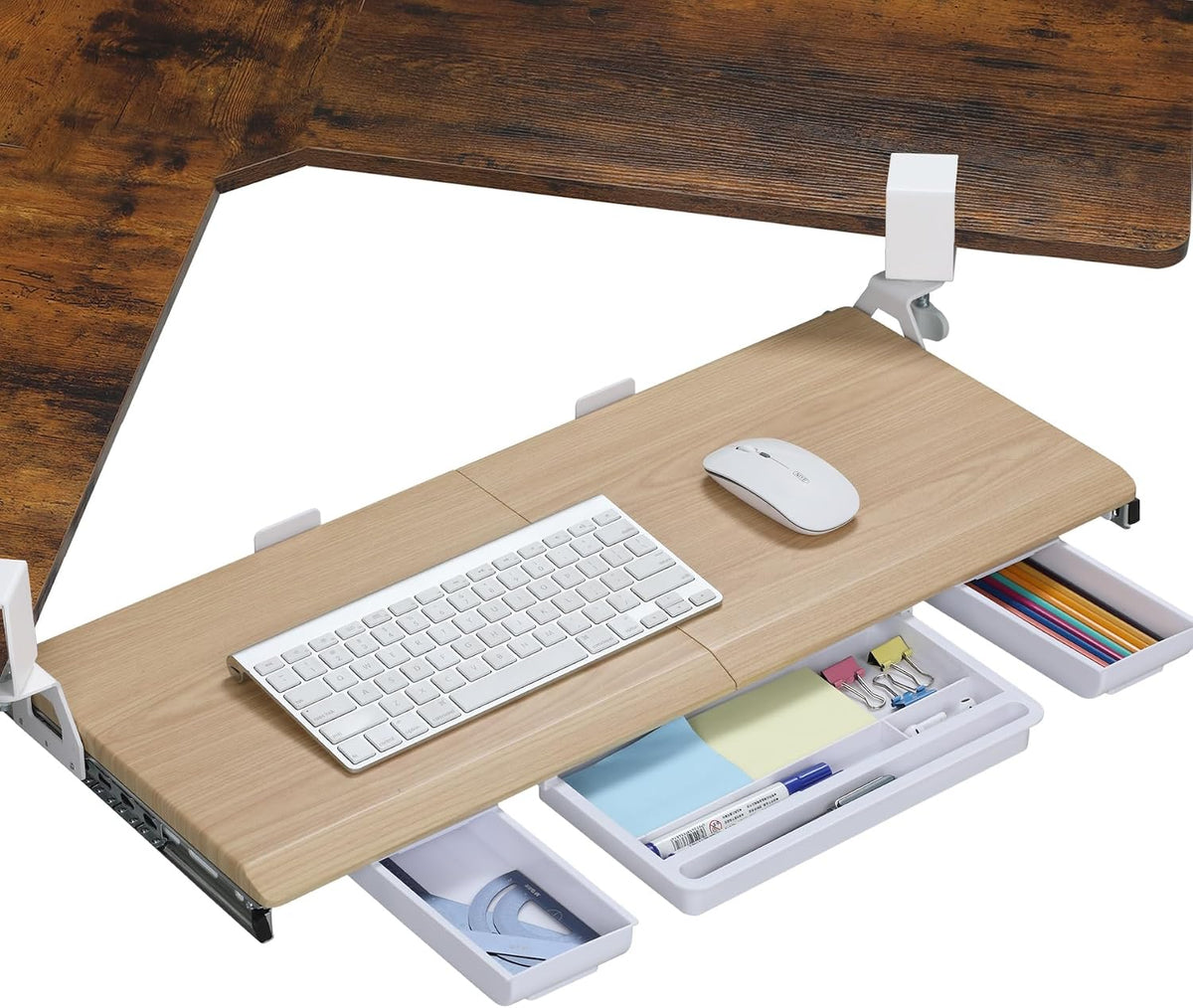 Corner Keyboard Tray Under Desk with Metal Rail, 26.8x11.8", White