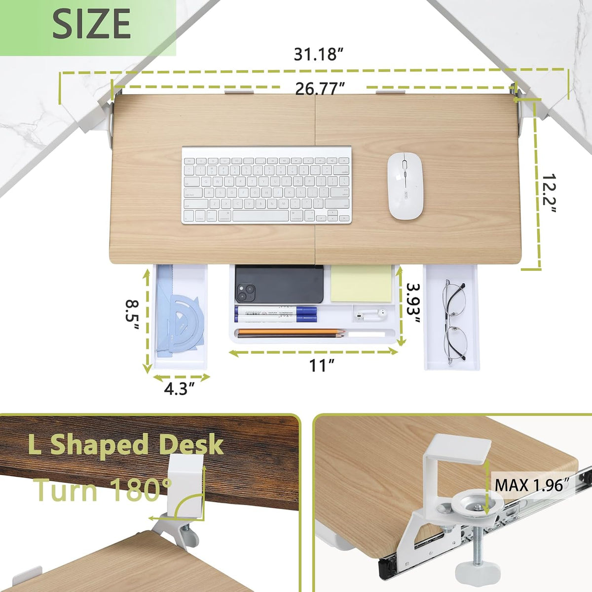 Corner Keyboard Tray Under Desk with Metal Rail, 26.8x11.8", White