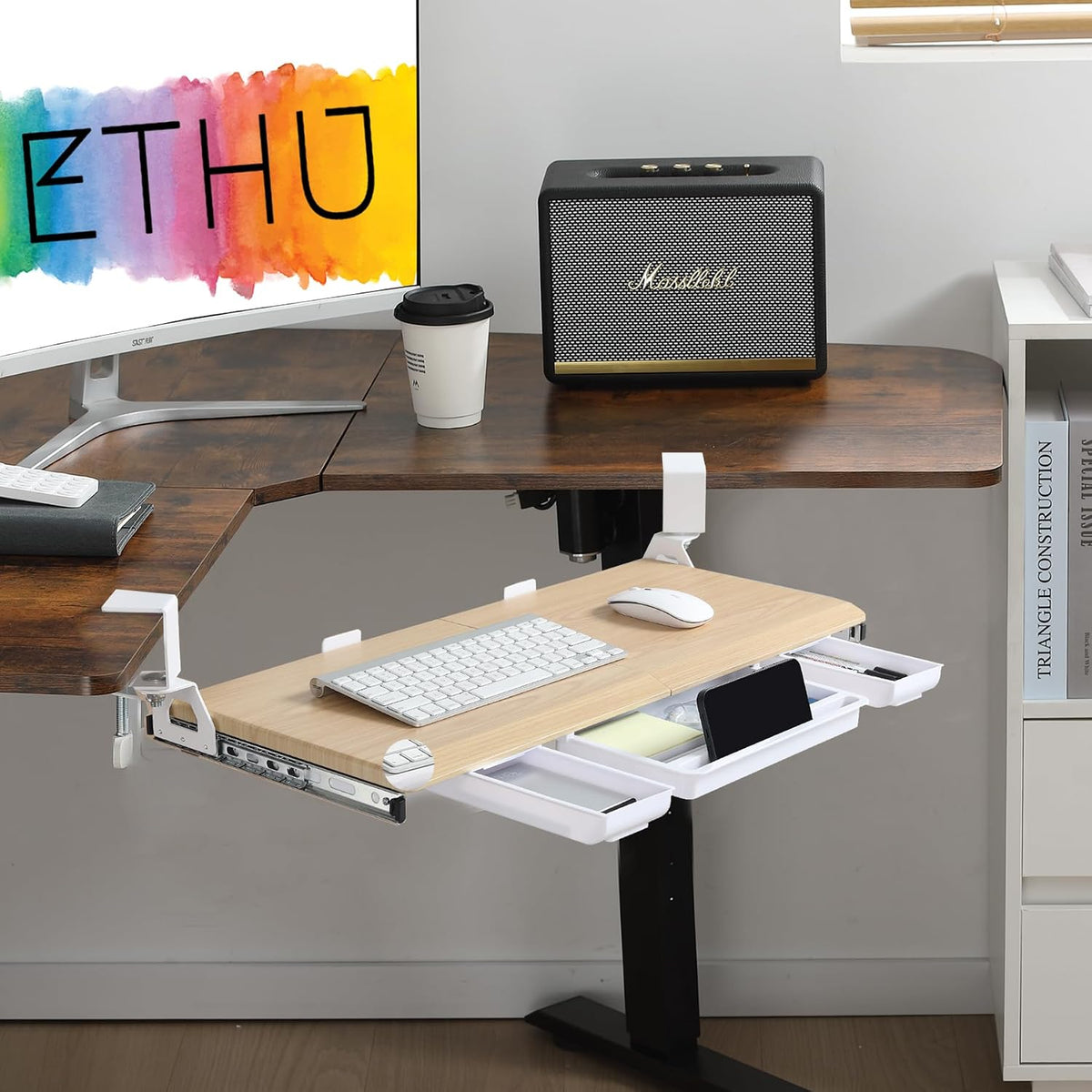 Corner Keyboard Tray Under Desk with Metal Rail, 26.8x11.8", White