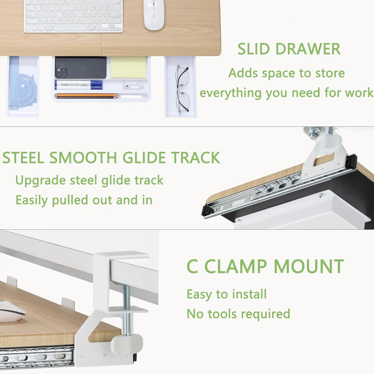 Corner Keyboard Tray Under Desk with Metal Rail, 26.8x11.8", White