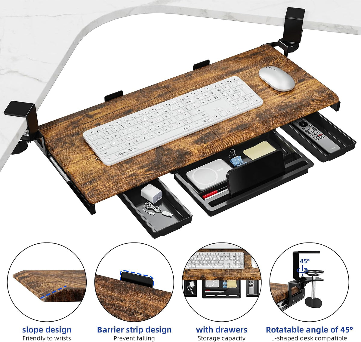 Corner Keyboard Tray Under Desk with Metal Rail, 26.8x11.8", White