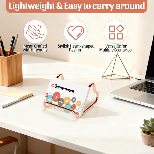 Business Card Holder,Cute Heart-Shaped Metal Card Display Stand,Vertical Desktop Name Card Organizer,Small Phone Stand & Photo Holder for Office,Wedding,Reception,Exhibition(Rose gold)