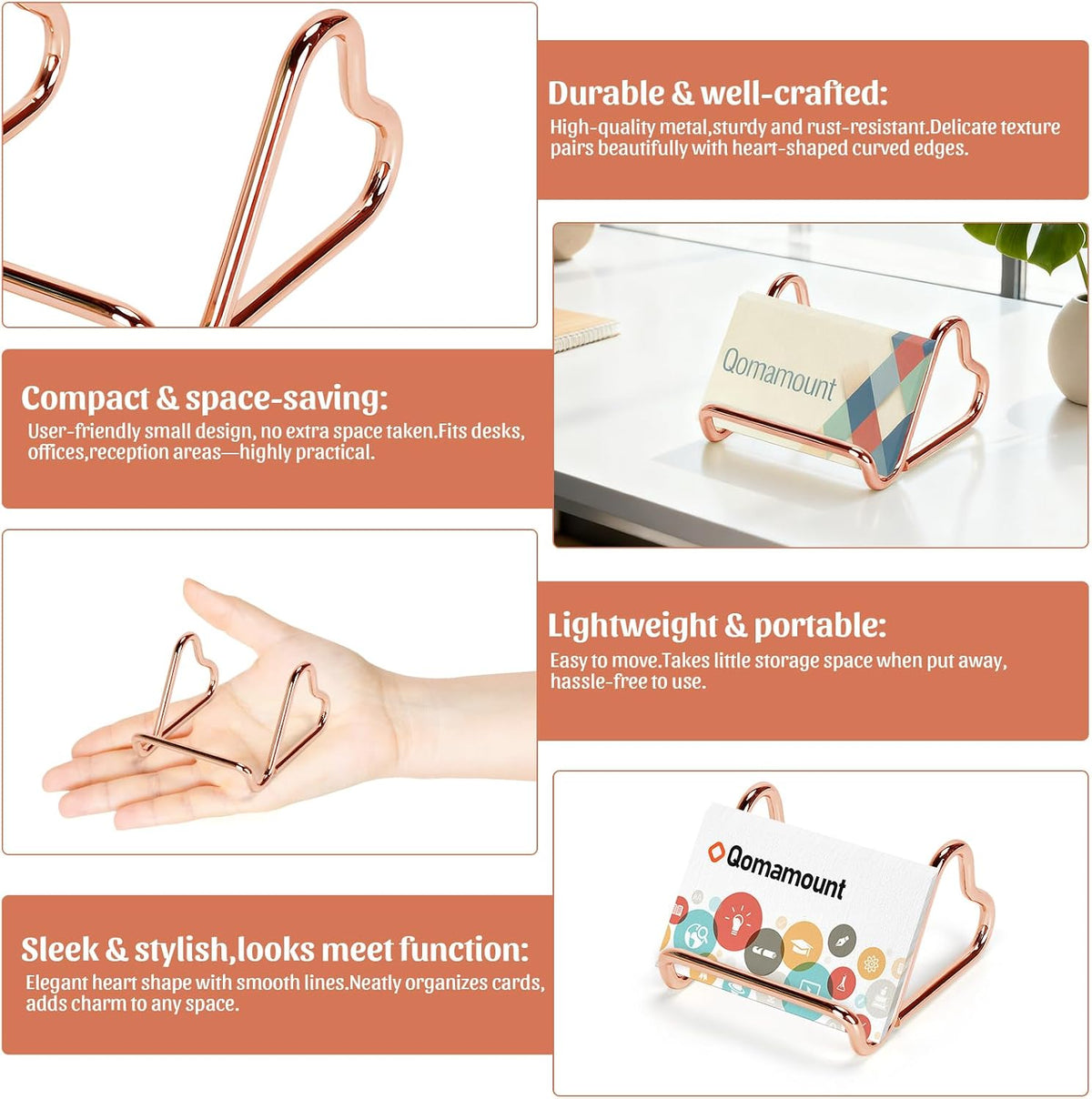 Business Card Holder,Cute Heart-Shaped Metal Card Display Stand,Vertical Desktop Name Card Organizer,Small Phone Stand & Photo Holder for Office,Wedding,Reception,Exhibition(Rose gold)
