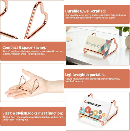 Business Card Holder,Cute Heart-Shaped Metal Card Display Stand,Vertical Desktop Name Card Organizer,Small Phone Stand & Photo Holder for Office,Wedding,Reception,Exhibition(Rose gold)