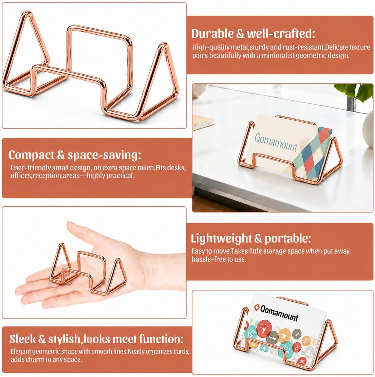 Business Card Holder,Cute Heart-Shaped Metal Card Display Stand,Vertical Desktop Name Card Organizer,Small Phone Stand & Photo Holder for Office,Wedding,Reception,Exhibition(Rose gold)