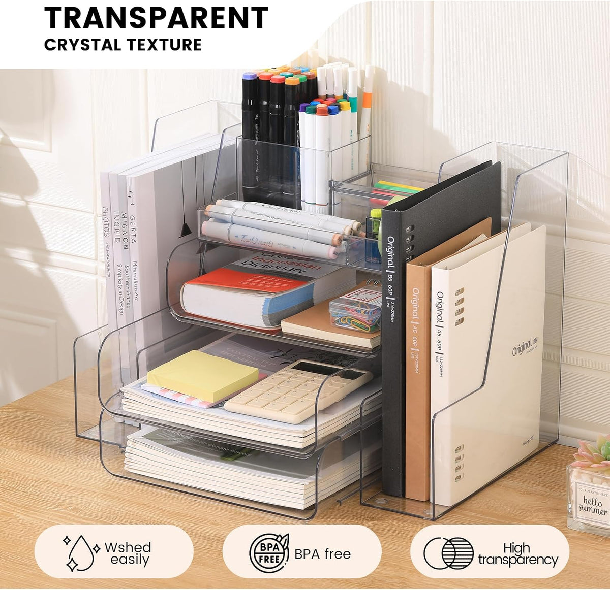 Desk Organizer with 2 Vertical File Holder, 4 Tier Stackable Paper Letter Tray File Organizer with 5-Compartments Pen Holder, Clear Desktop Organizer Office Organization and Storage