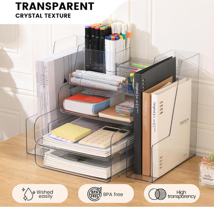Desk Organizer with 2 Vertical File Holder, 4 Tier Stackable Paper Letter Tray File Organizer with 5-Compartments Pen Holder, Clear Desktop Organizer Office Organization and Storage