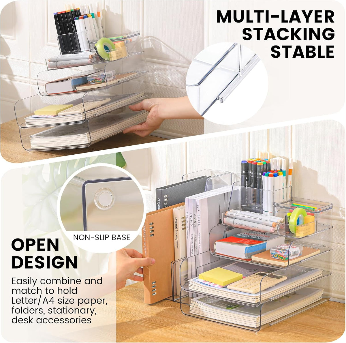 Desk Organizer with 2 Vertical File Holder, 4 Tier Stackable Paper Letter Tray File Organizer with 5-Compartments Pen Holder, Clear Desktop Organizer Office Organization and Storage