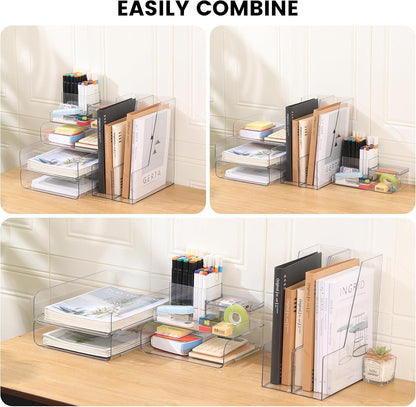 Desk Organizer with 2 Vertical File Holder, 4 Tier Stackable Paper Letter Tray File Organizer with 5-Compartments Pen Holder, Clear Desktop Organizer Office Organization and Storage