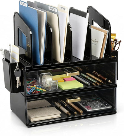 Desk Organizer with 2 Vertical File Holder, 4 Tier Stackable Paper Letter Tray File Organizer with 5-Compartments Pen Holder, Clear Desktop Organizer Office Organization and Storage