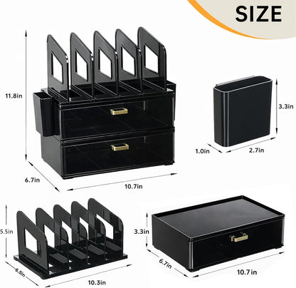 Desk Organizer with 2 Vertical File Holder, 4 Tier Stackable Paper Letter Tray File Organizer with 5-Compartments Pen Holder, Clear Desktop Organizer Office Organization and Storage