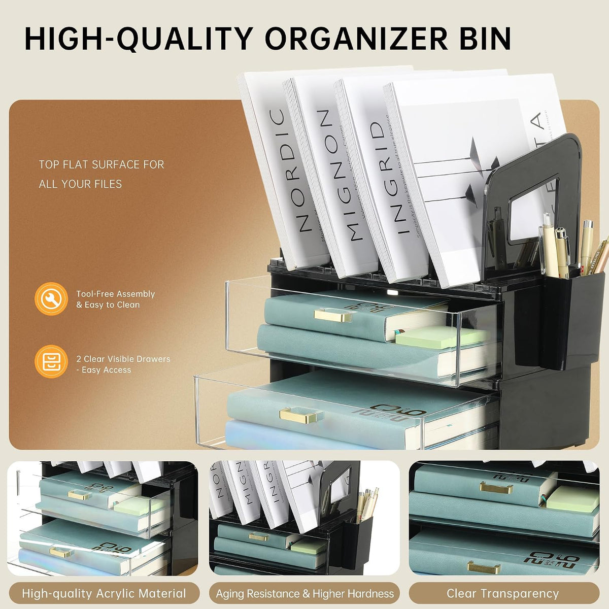 Desk Organizer with 2 Vertical File Holder, 4 Tier Stackable Paper Letter Tray File Organizer with 5-Compartments Pen Holder, Clear Desktop Organizer Office Organization and Storage
