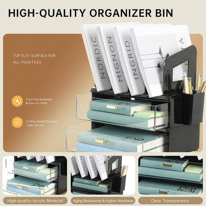 Desk Organizer with 2 Vertical File Holder, 4 Tier Stackable Paper Letter Tray File Organizer with 5-Compartments Pen Holder, Clear Desktop Organizer Office Organization and Storage