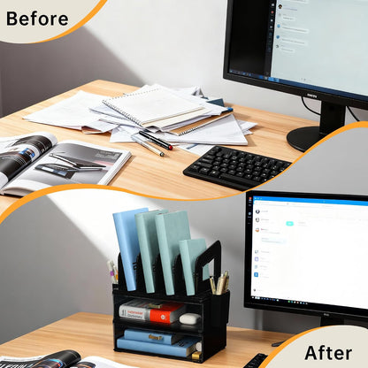 Desk Organizer with 2 Vertical File Holder, 4 Tier Stackable Paper Letter Tray File Organizer with 5-Compartments Pen Holder, Clear Desktop Organizer Office Organization and Storage