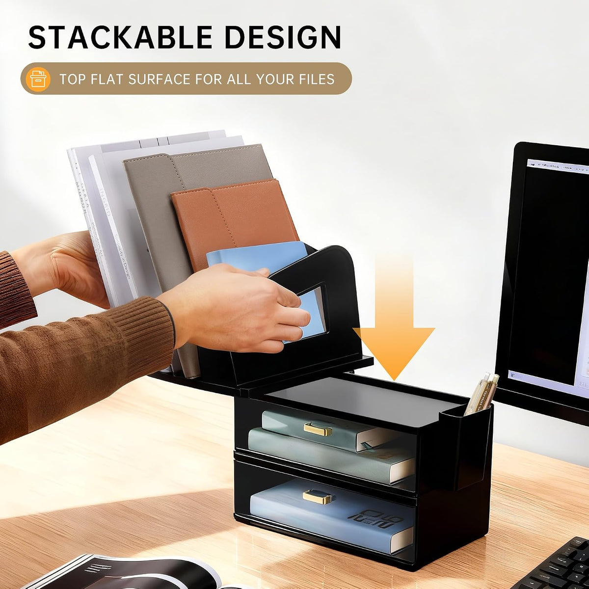 Desk Organizer with 2 Vertical File Holder, 4 Tier Stackable Paper Letter Tray File Organizer with 5-Compartments Pen Holder, Clear Desktop Organizer Office Organization and Storage