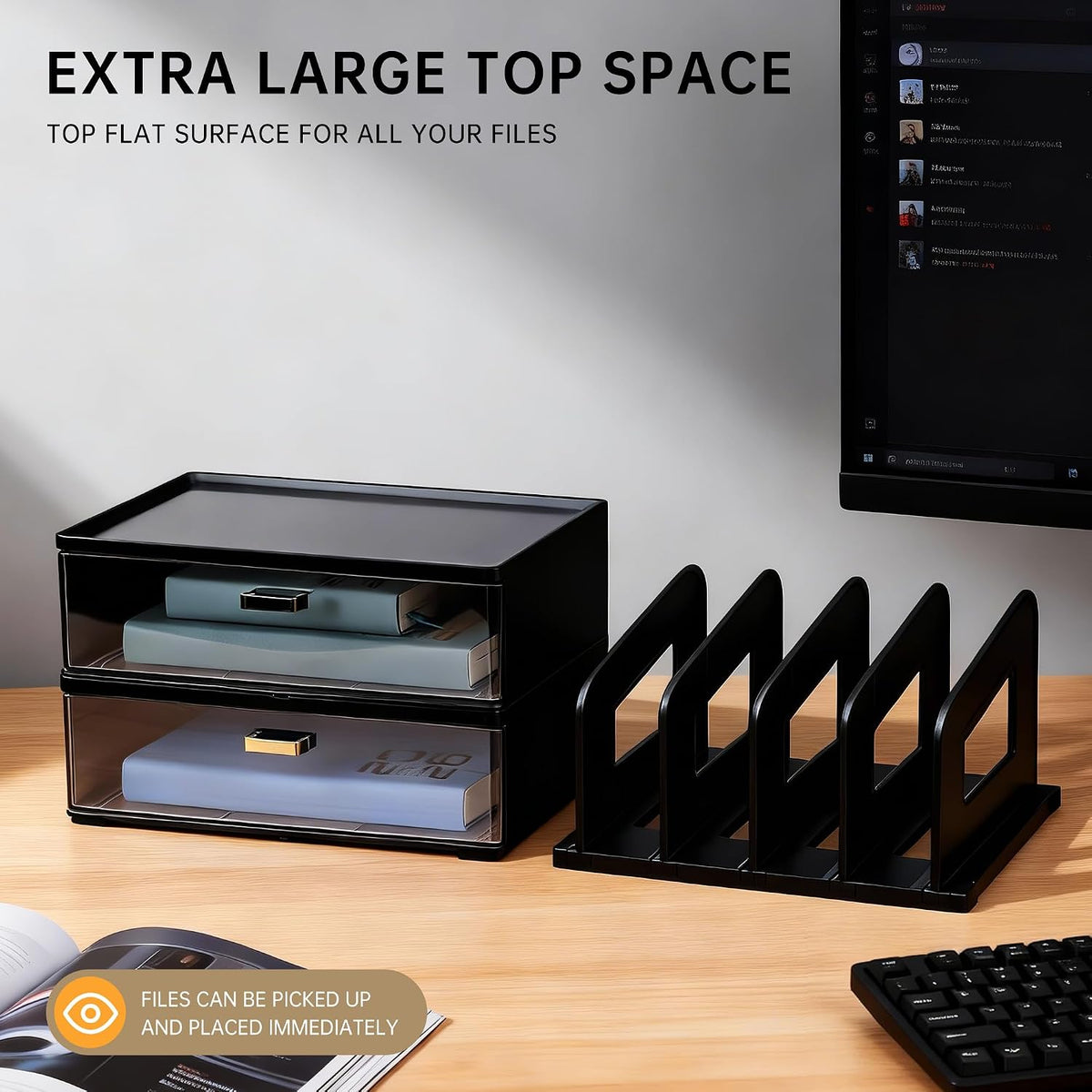 Desk Organizer with 2 Vertical File Holder, 4 Tier Stackable Paper Letter Tray File Organizer with 5-Compartments Pen Holder, Clear Desktop Organizer Office Organization and Storage