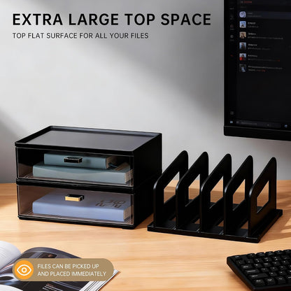 Desk Organizer with 2 Vertical File Holder, 4 Tier Stackable Paper Letter Tray File Organizer with 5-Compartments Pen Holder, Clear Desktop Organizer Office Organization and Storage